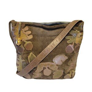 Sharif Vintage Suede Patchwork Fall Theme Leaves Acorn Crossbody Bag